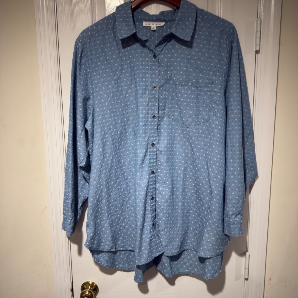 Jane + Delancey Chambray Button Down Shirt 1X Blue Cotton Oversized Tunic Blouse